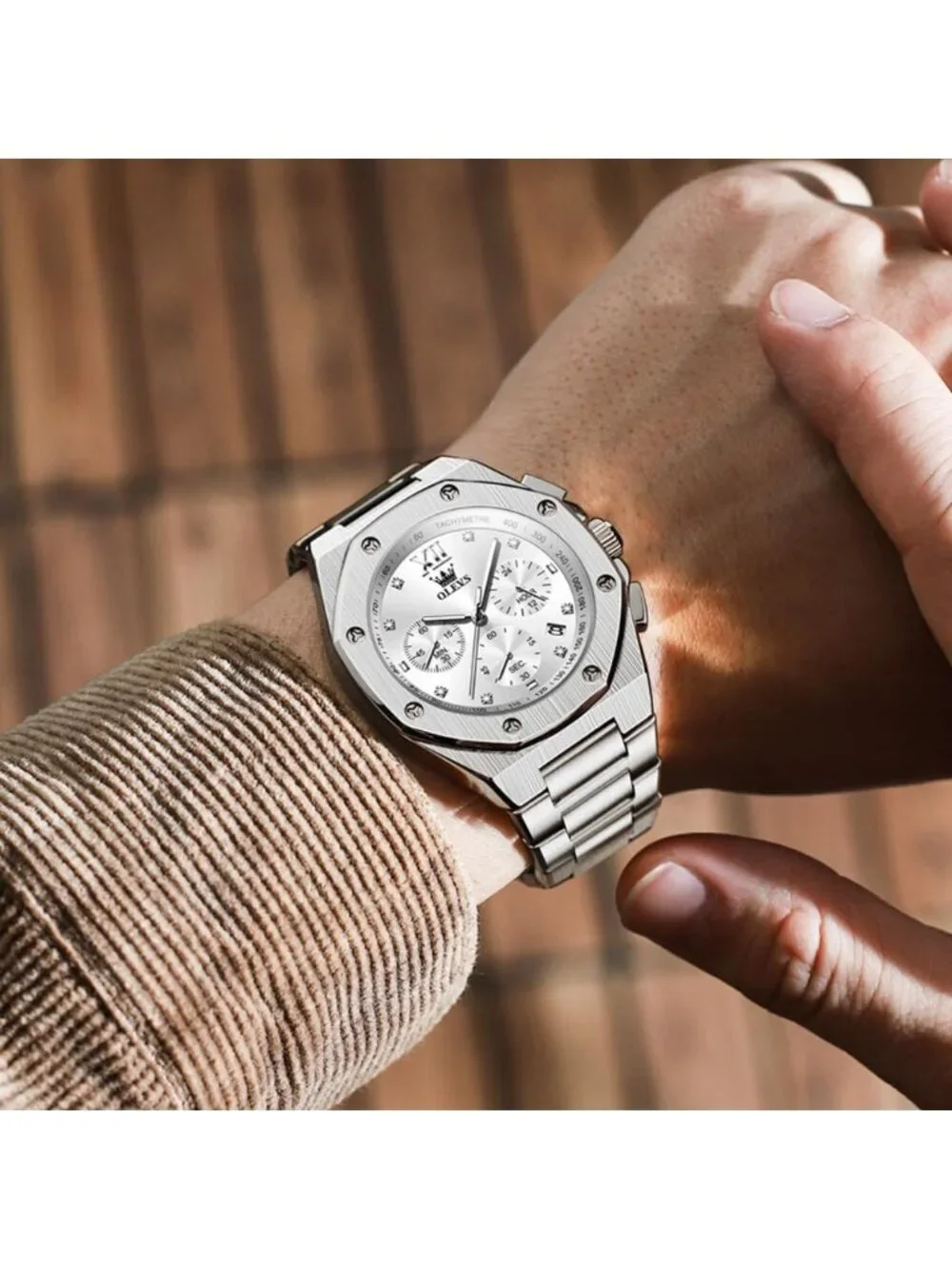 Men's Silver Luxury Stainless Octagon Analog Quartz Chronograph Waterproof Watch